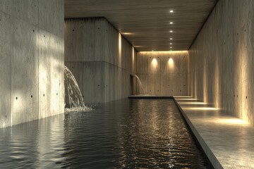 Fototapete - Concrete Architecture with Reflective Pool Interior Design and Modern Lighting in Minimalist Style Showcasing Water Feature and Clean Lines