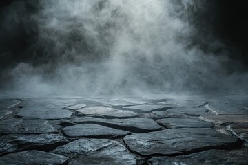 Aufkleber - Cracked Stone Floor with Ethereal White Smoky Fog Overlays Creates a Dark Abstract and Mysterious Scene with Grunge Texture and Atmospheric Effect