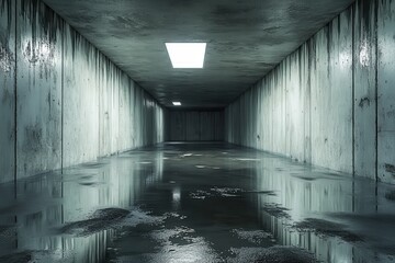 Fototapete - Dimly Lit Concrete Tunnel with Water Reflections on the Floor in Urban Setting with a Distant Light Source and No People Creates a Sense of Isolation and Foreboding