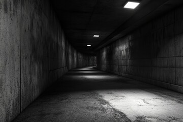 Aufkleber - Dimly Lit Urban Concrete Tunnel with Long Perspective and Minimalist Architecture in Monochrome Style