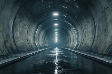 Poster - Dimly Lit Underground Tunnel with Water Reflection in Smooth Concrete Architecture and Grayish Blue Tone