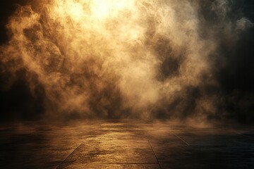 Poster - Dramatic Smoky Background with Golden Light Effect on Dark Floor for Abstract Texture or Stage Design