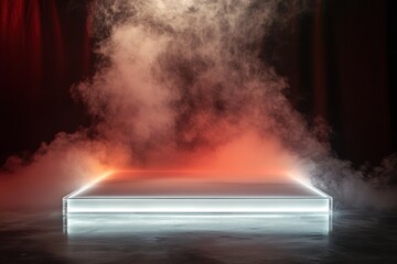 Poster - Dramatic Stage Podium Illuminated in White Surrounded by Red Smoke Fog Effect on Dark Background for Product Presentation