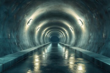 Fototapete - Eerie View of a Long Dark Underground Concrete Tunnel Illuminated by Dim Lights and Water Reflection with Smooth Wet Surface