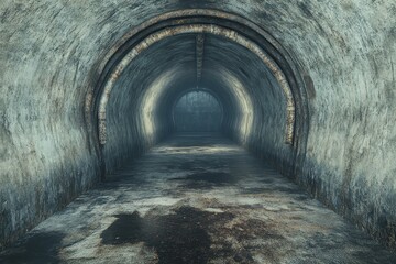 Fototapete - Eerie View of an Underground Tunnel System with Grimy Concrete Walls and Water Accumulation in Dim Lighting