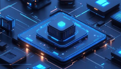 Fototapete - Electronic Microchip Circuit Board with Blue Lights and Intricate Structure in a Technology Concept Background