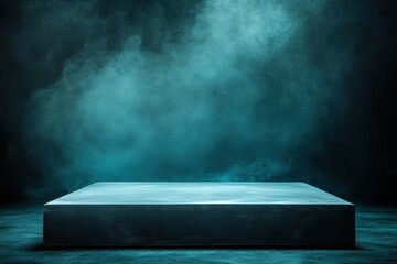 Poster - Empty Dark Blue Podium Stage with Foggy Smoke Background for Product Display or Presentation in Studio Setting
