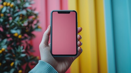 Wall Mural - closeup view of a person s hand holding a modern smartphone device with a pink screen against a vibr