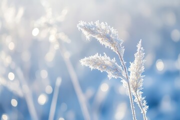 Poster - Frosted Grass Under a Soft Winter Sky with Bokeh Lights Cold Season Vegetation in a Frosty Blue Environment Outdoors Tranquil Snowy Landscape