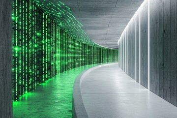Aufkleber - Futuristic Concrete Corridor with Glowing Green Lights and Perspective View in Minimalist Architecture