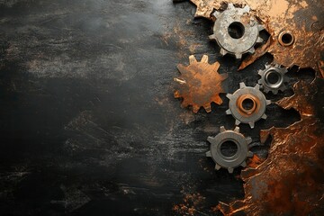 Poster - Gears and Cogs on Grunge Dark Backdrop Metal Industrial Mechanism with Antique Bronze Texture Design