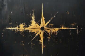 Poster - Golden Starburst Design on Distressed Black Wood Surface Rich Texture and Subtle Shimmer Decorative Ornament with Vintage and Rustic Appeal
