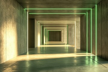 Aufkleber - Illuminated Green and Beige Concrete Corridor with Geometric Neon Lighting Modern Architecture and Smooth Perspective
