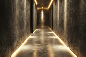 Aufkleber - Illuminated Hallway with Metallic Textured Walls and Sleek Gold Lighting Fixtures in Modern Interior Design