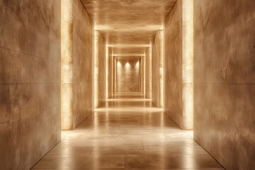 Aufkleber - Illuminated Perspective of Long Concrete Hallway Interior with Symmetrical Light and Geometric Design in Abstract Architecture