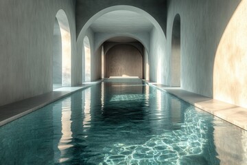Aufkleber - Indoor Swimming Pool with Arched Ceiling and Teal Water Reflecting Light in a Concrete Structure Geometric Minimalist Design with Sunlight and Long Hallways