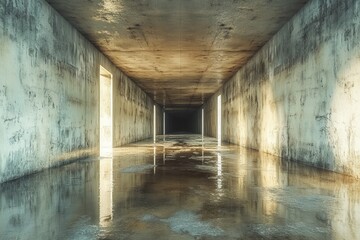 Aufkleber - Long Concrete Hallway with a Wet Floor Featuring Minimalist Design Daylight and Underground Tunnel Perspective