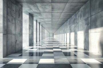 Aufkleber - Long Concrete Hallway with Checkerboard Floor in Modern Architecture Interior Featuring Geometric Patterns and Bright Daylight