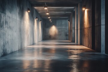 Fototapete - Long Concrete Hallway with Symmetrical Light Fixtures and Reflective Wet Floor Creates an Atmospheric Indoor Perspective