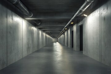 Aufkleber - Long Concrete Industrial Corridor with Metal Pipes Running Along The Ceiling Illuminated by Warm Lights Creating a Sense of Depth and Perspective