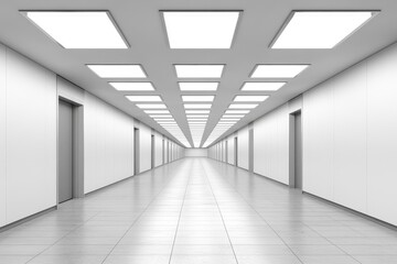 Aufkleber - Long White Hallway with Symmetrical Doors and Recessed Lighting in a Modern Building Interior with Clean Perspective