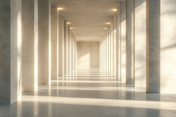 Aufkleber - Modern Concrete Hallway with Light and Shadow in a Building Interior Architecture Design and Minimalist Geometric Columns with Parallel Perspective