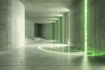 Poster - Modern Concrete Hallway with Green Neon Lights Circular Patterns in Architectural Building with Geometric and Minimalist Design in Urban Space