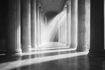 Poster - Monochrome Hallway with Classical Stone Columns and Symmetrical Perspective in Dramatic Light and Shadow Creating a Timeless Architectural Design