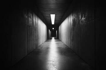 Aufkleber - Monochrome Hallway with Geometric Pattern and Dim Lighting in an Underground Tunnel Dark Abstract Architecture Building Interior with a Sense of Perspective and Geometric Design