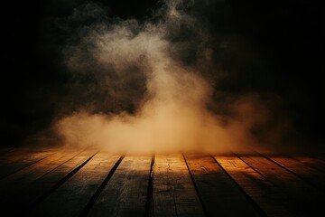 Poster - Mysterious Vaporous Smoke on a Dark Brown Plank Floor Creates an Eerie Atmosphere with Abstract Grain and Atmospheric Effects in a Dark Studio