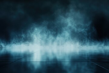 Poster - Mystical Blue Fog Over a Reflective Dark Stage Floor with an Eerie Glowing Atmosphere for a Spooky and Mysterious Scene