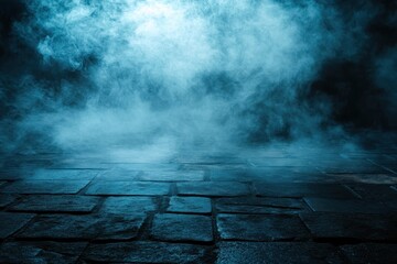 Poster - Mystical Blue Smoke Over Cobblestone Floor with Eerie Foggy Atmosphere and Dark Stone Texture in Abstract Pattern