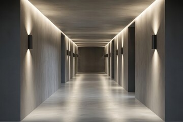 Aufkleber - Symmetrical Concrete Hallway Interior with Geometric Wall Lamps Warm Lighting and Perspective View Point Industrial Minimalist Architecture with Seamless Texture Backdrop