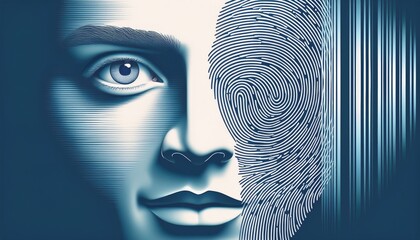 Abstract illustration of a man's face with a barcode and fingerprint symbolizing identification
