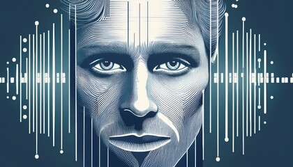 Abstract illustration of a man's face with a barcode and fingerprint symbolizing identification