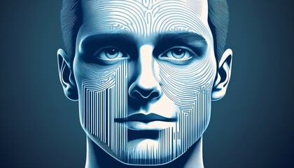 Abstract illustration of a man's face with a barcode and fingerprint symbolizing identification
