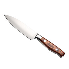 Sharp stainless steel chef knife with wooden handle on a transparent background Concept of cooking, food preparation, and kitchenware