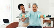 © peopleimages.com - Dumbbells, physiotherapy and mature man in office for consultation with muscle recovery. Clinic, healthcare and woman physical therapist for helping senior person with arm exercise or rehabilitation