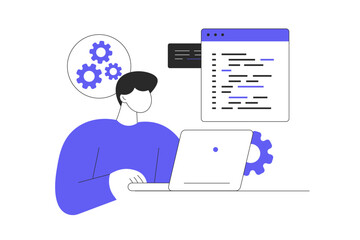 system administrator web concept. man monitoring server infrastructure at laptop, checks problems, d