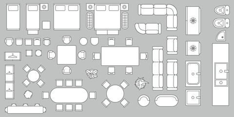 Furniture outline top view. Floor plan icons set for design interior and architectural project. Furniture thin line icon in top view for layout.	