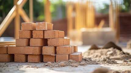 Construction materials are arranged at a building site under clear skies. Stacked bricks sit on the ground, with tools and scaffolding in the background, indicating active work