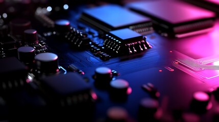 Wall Mural - Neon Circuit Board Tech Details Closeup.