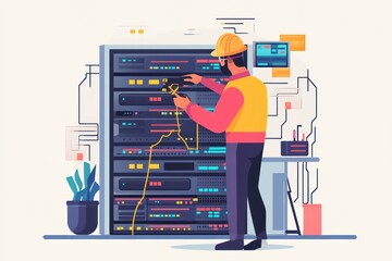 Minimalist UI illustratiof an IT professional troubleshooting server issue, flat vector