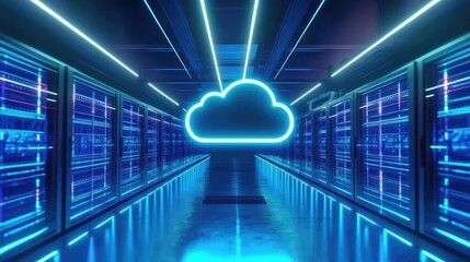 Image of a modern data center aisle, with rows of server racks on each side.
