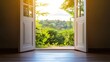 © PixPro Studios - Sunlight streams through open doors, illuminating a cozy interior. Outside, a lush garden with colorful plants and trees is bathed in warm sunset hues, inviting tranquility