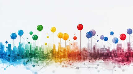 Wall Mural - a colorful cityscape with many balloons in the sky. the balloons are of different colors and sizes