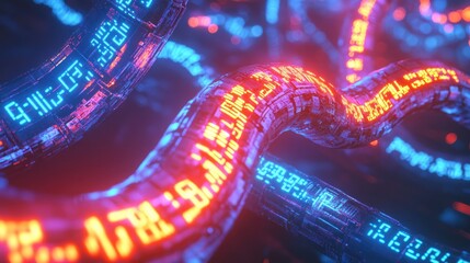 Digital illustration of a glowing blockchain concept with a close-up of a chain made of binary code