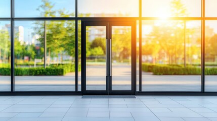 Modern office entrance at sunset business environment blurred background creative viewpoint