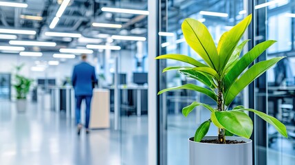 Office interior with blurred background and green plant modern workspace professional environment indoor view