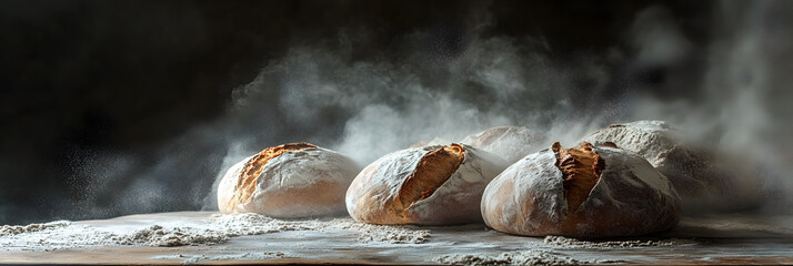 Wall Mural - Freshly Baked Artisan Bread Loaves on Wooden Table with Flour Dust in Rustic Setting - wide banner - black background